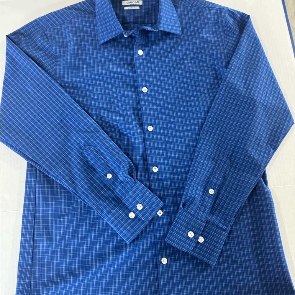 Haggar Navy and Light Blue Checked Dress Shirt